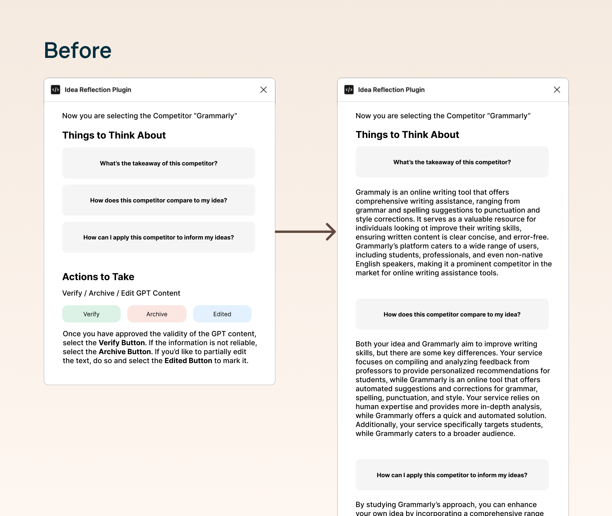 Before picture of old plugin, showing AI generation features for the Competitive Analysis exercise.