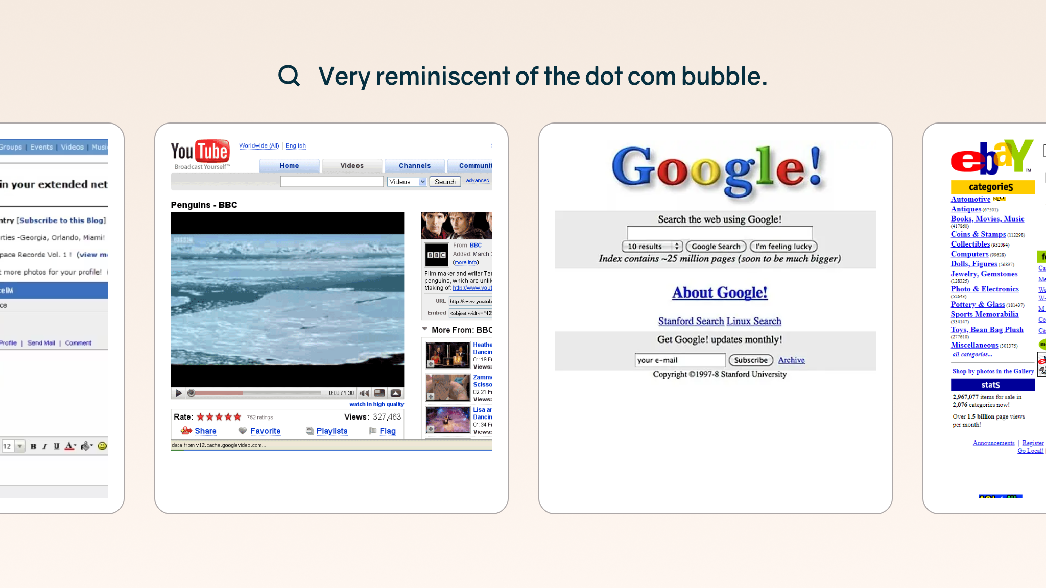 Compilation of old dot com era websites: MySpace, YouTube, Google, eBay