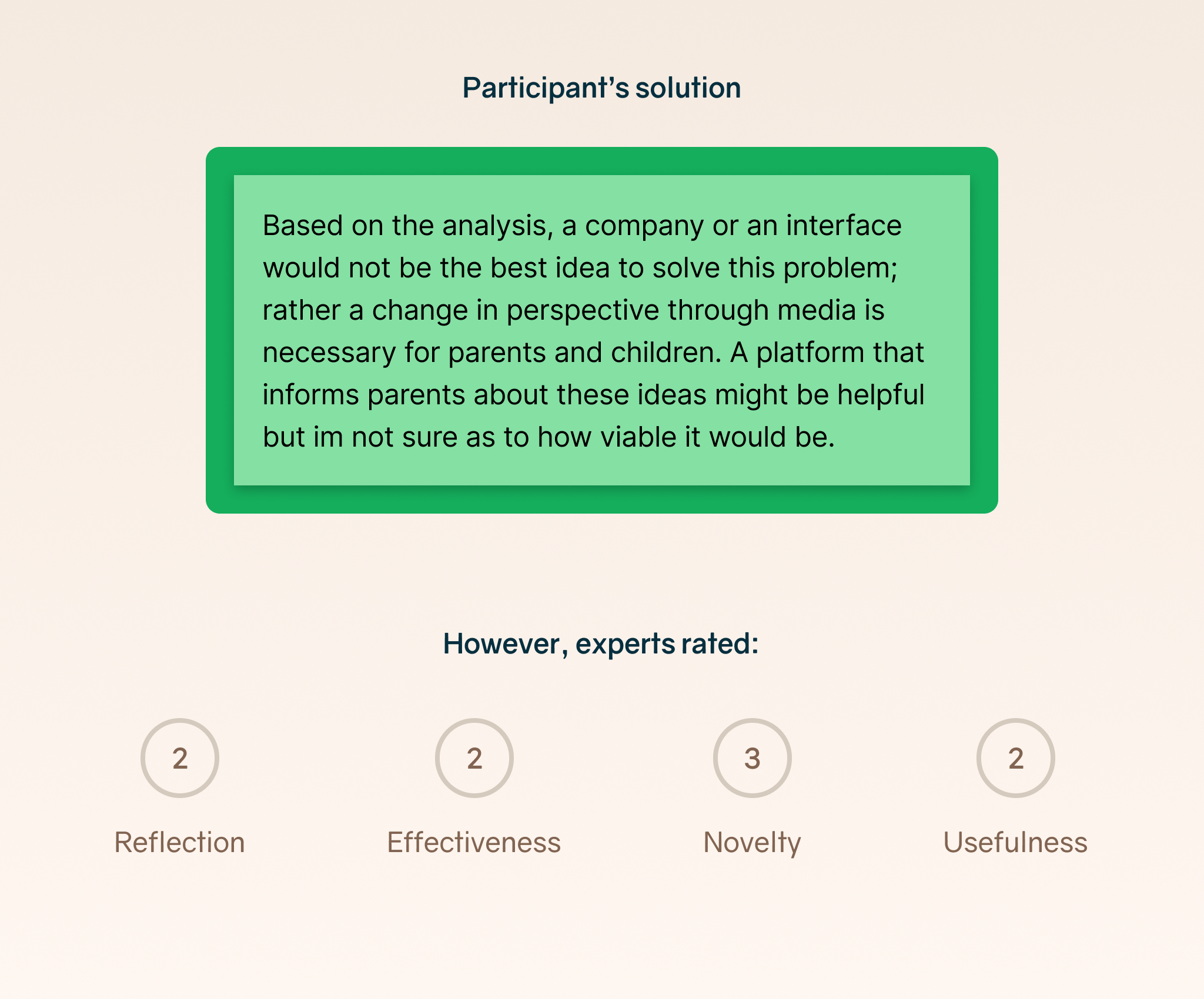 Shows the example of a participant's solution and its blind expert rating.