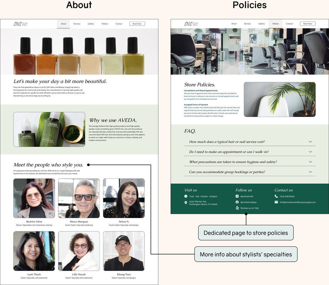 The updated About and Policies pages.