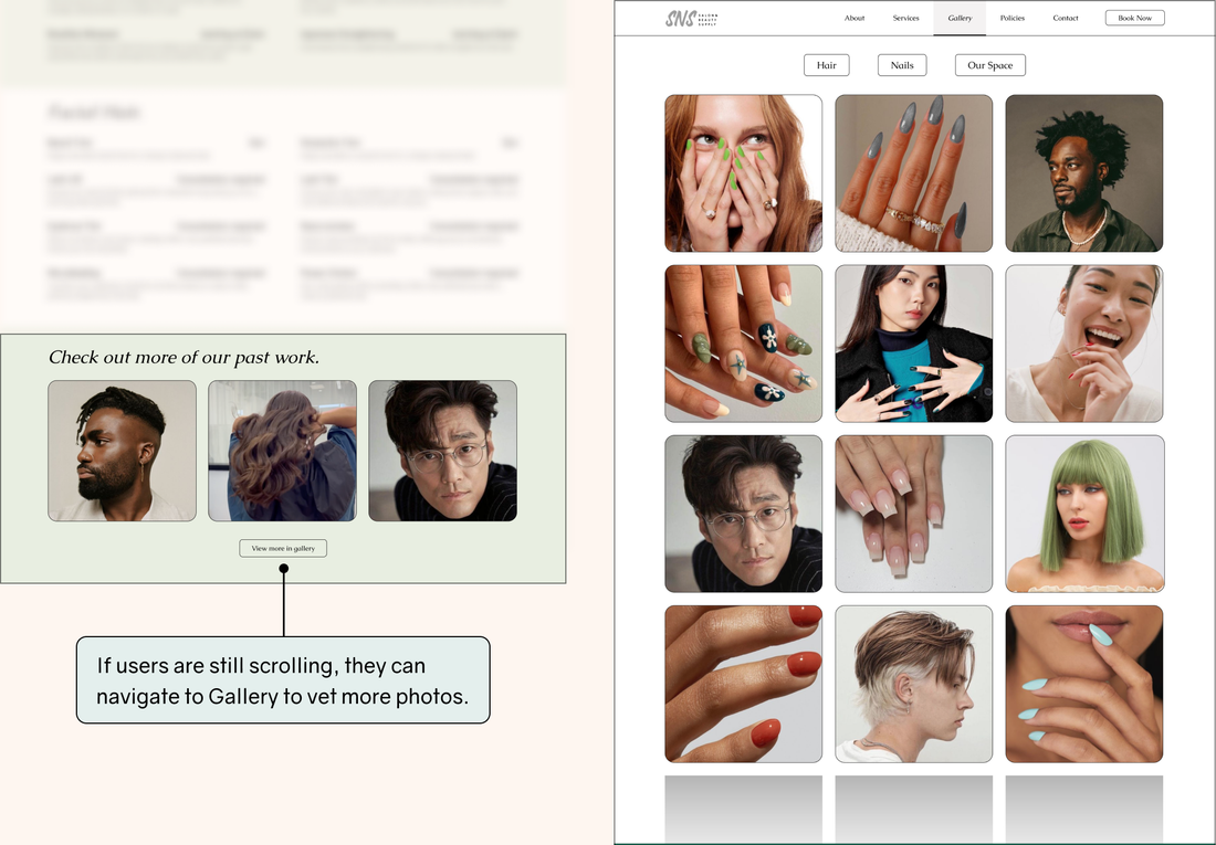 The updated gallery users can click into if users scroll to the bottom of the services page.
