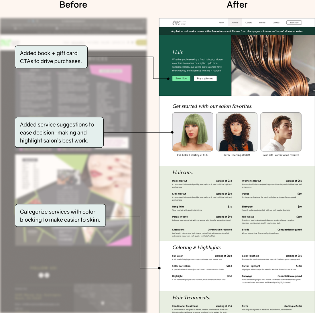 The updated services page.