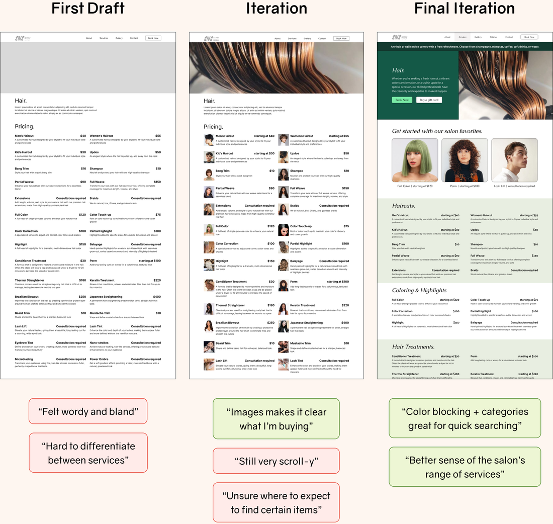 The iterations from first draft to final services page.